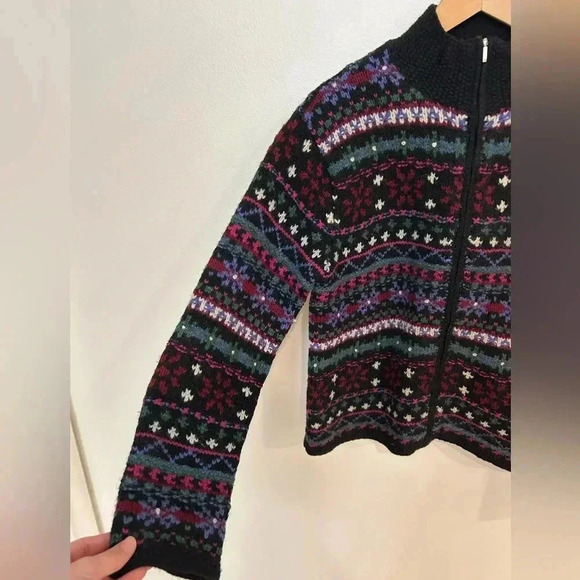 VTG TALBOTS Hand Knit Chunky 100% Wool Zip oversized Sweater S Holiday Fair isle - Picture 5 of 7